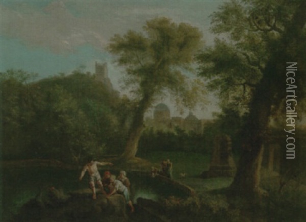 A Wooded Landscape With Figures Fishing And Watering At A Pond, A Town Beyond Oil Painting - Andrea Locatelli