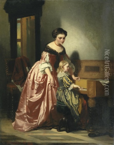 The Piano Lesson Oil Painting - Casimir Van Den Daele
