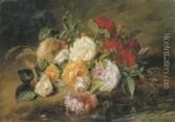Roses By A Stream Oil Painting - Adriana-Johanna Haanen