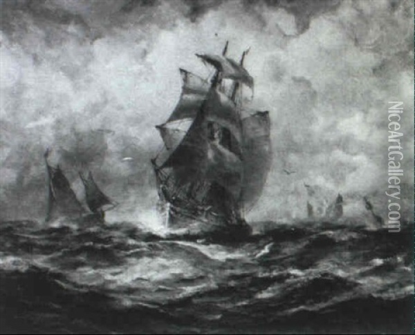 Shipping In A Rough Sea Oil Painting - Robert B. Hopkin