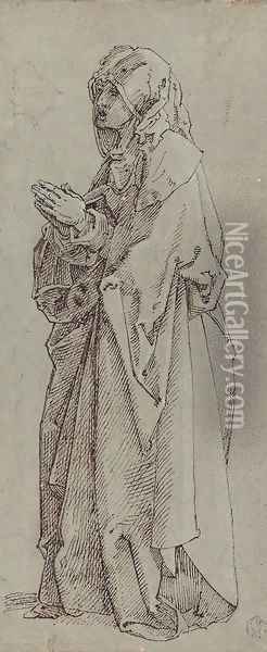 A heavily draped female figure turned to the left, her hands clasped in prayer Oil Painting - Albrecht Durer