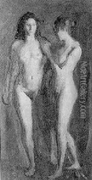 Two Standing Female Nudes Oil Painting - Julius Paulsen