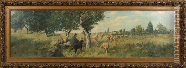Panoramic Landscape With Shepherd And Flock Oil Painting - Reuben Le Grand Johnston