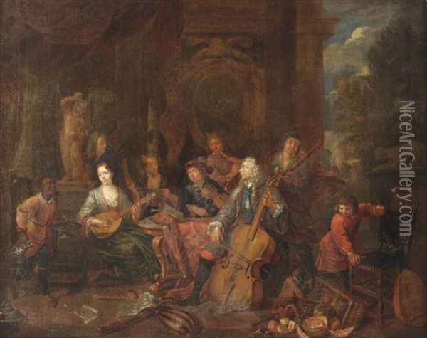 An Elegant Company Making Music Oil Painting - Balthasar Van Den Bossche