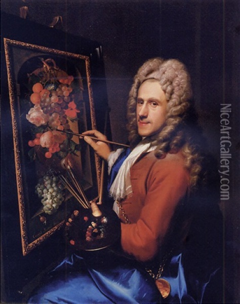 Portrait Of The Painter Coenraet Roepel Painting A Still Life With Flowers And Fruit Oil Painting - Richard (Risaert van) Bleeck