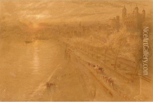 A City Sunset, The Tower Of London From Tower Bridge Oil Painting - Albert Goodwin