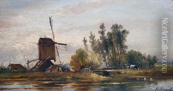 Windmill In A River Landscape Oil Painting - Albert Jurardus van Prooijen