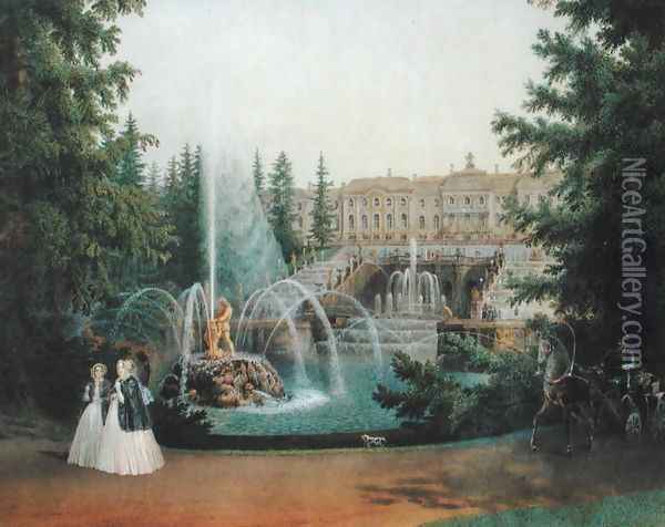 View of the Marly Cascade from the Lower Garden of the Peterhof Palace, c.1830-60 Oil Painting - Vasili Semenovich Sadovnikov
