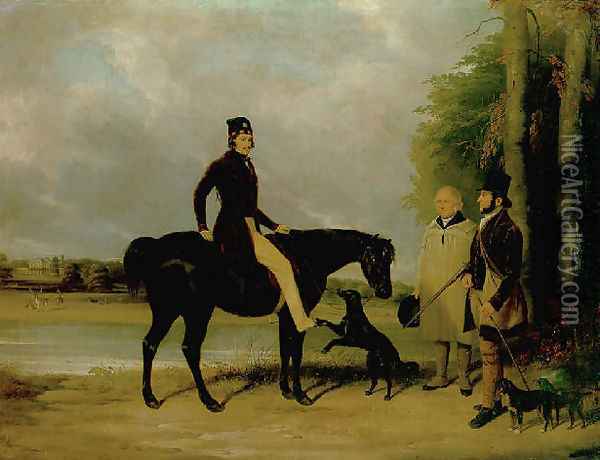 Richard Crawshay, on a black pony, talking to a gamekeeper and another man, with dogs, in the grounds of Ottershaw Park, Chertsey 1838 Oil Painting - William Barraud