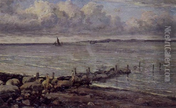 Marine Med Udsigt Over Sundet Oil Painting - Carl Ludvig Thilson Locher