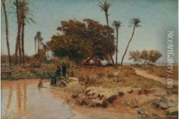 Ile De Gizeh, (le Caire) Femmes Se Baignant, Vers 1857-1858 Oil Painting - Leon Adolphe Belly