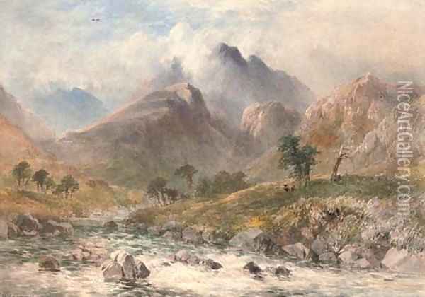 A river rushing through a romantic landscape Oil Painting - William James Bennett