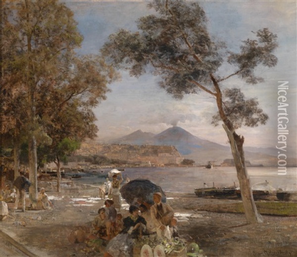Abendstimmung Am Golf Von Neapel, Im Hintergrund Der Vesuv Oil Painting - Oswald Achenbach
