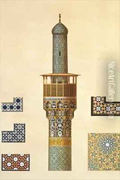 A Minaret and Ceramic Details from the Mosque of the Medrese i Shah Hussein Isfahan Oil Painting - Pascal Xavier Coste