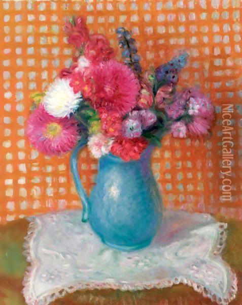 Flowers With Checkered Background Oil Painting - William Glackens