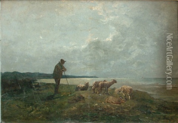 Moutons Et Berger Oil Painting - Jules Hereau