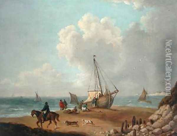 Fisherfolk Unloading their Catch in Freshwater Bay Isle of Wight Oil Painting - George Morland