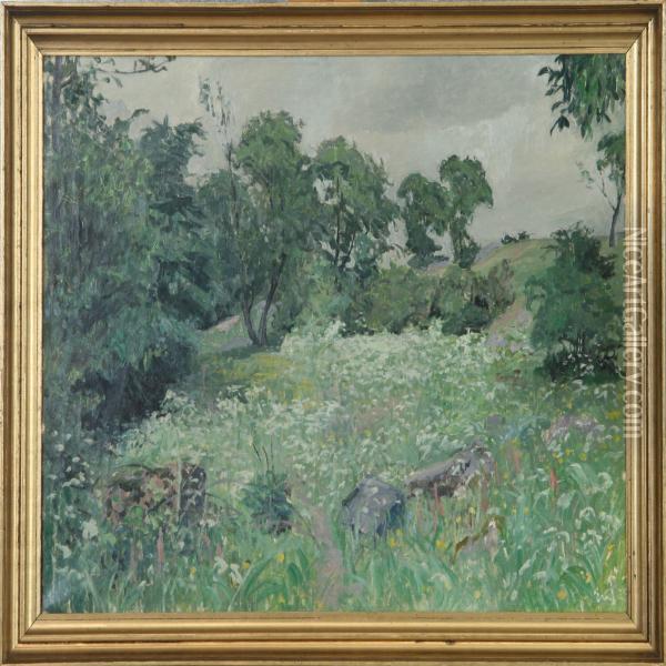 Landscape Withflowering Flowers And Trees Oil Painting - Erik William Johnson