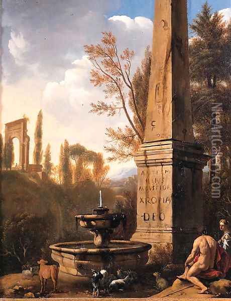 Shepherds resting by a fountain and an obelisk in an Arcadian landscape Oil Painting - Jan Gerritsz van Bronchorst