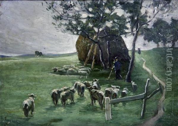Shepherd And Flock Beside A Haystack Oil Painting - Edvard Weie
