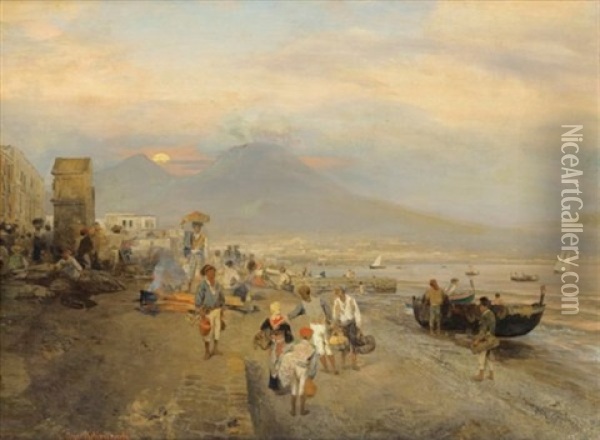 Vue De Naples Au Soleil Couchant Oil Painting - Oswald Achenbach