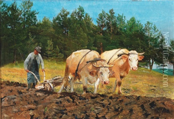 Farmer Ploughing Oil Painting - Josef Gisela