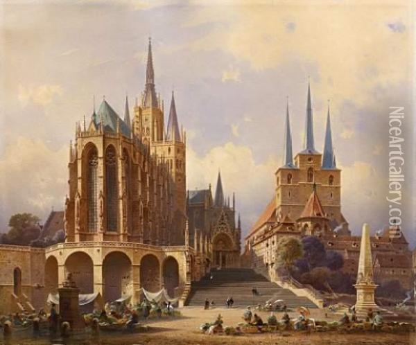 The Cathedral Square With Severi Church In Erfurt Oil Painting - Friedrich Eibner