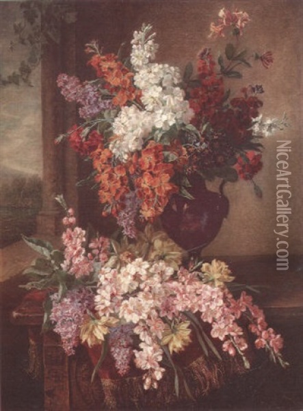 Stocks, Cherry Blossom, Carnations And Daffodils On A Draped Table Oil Painting - Jean-Pierre Lays