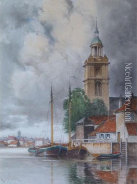 Canal Scene With Moored Boats Amsterdam Oil Painting - Hermanus Jr. Koekkoek