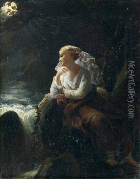Jeune Fille Revant Au Bord D'une Cascade Au Clair De Lune Oil Painting - Pierre Claude Fr. Delorme
