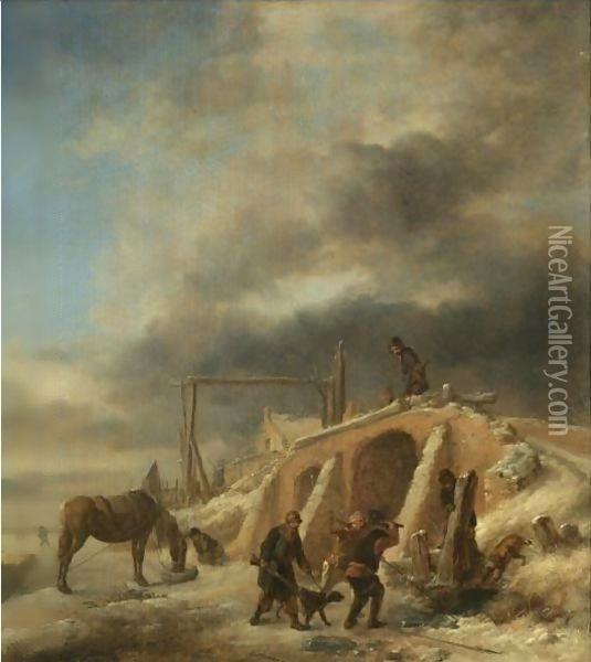 A Winter Landscape, With Figures By A Bridge Over A Frozen Stream Oil Painting - Philips Wouwerman