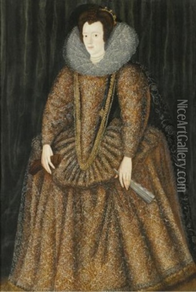 Portrait Of Lady Elizabeth Hastings, Countess Of Worcester, Wearing An Elaborately Embroidered Dress With A Miniature Oil Painting - William (Sir) Segar