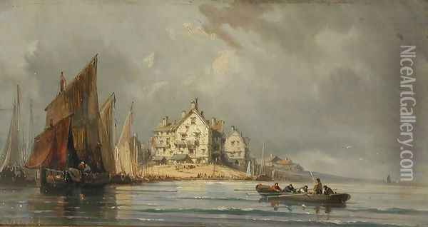 Coastal Landscape with Boats and Constructions Oil Painting - Eugene Isabey