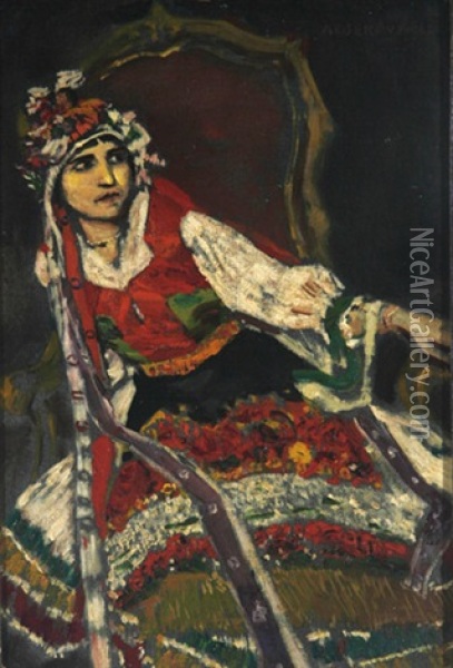 Frau In Ungarischer Tracht Auf Sessel Sitzend Oil Painting - Albert von Keller