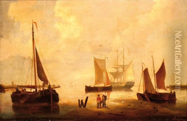 Moored Ships With Several Figures On The Beach Oil Painting - Emanuel De Vries