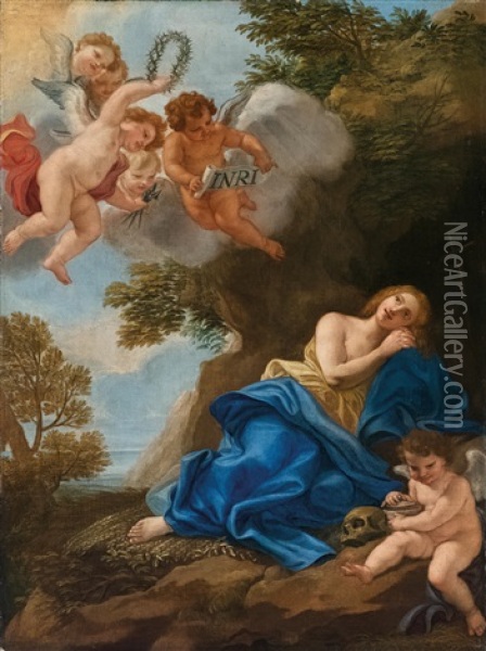 Die Busende Heilige Maria Magdalena Mit Engeln In Einer Landschaft Oil Painting - Giovanni Battista Gaulli