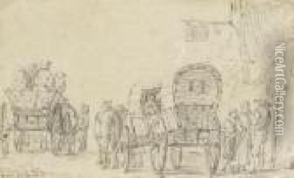 Two Horse-drawn Carts In Front Ofan Inn Oil Painting - Jan van Goyen