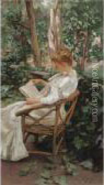 Reading In The Garden Oil Painting - Irving Ramsay Wiles
