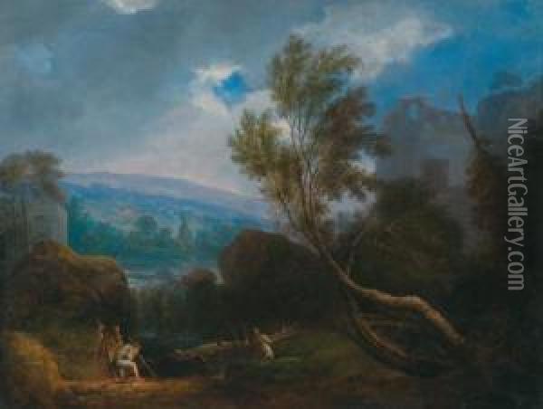 Paesaggio Fluviale Con Rovine E Taglialegna Oil Painting - Johann Alexander Thiele
