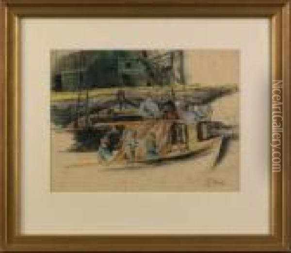 Charcoal And Pastel Harbor Scene Oil Painting - Earl Horter