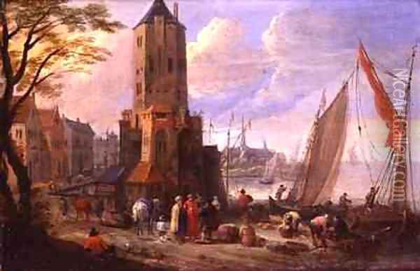 Figures and Boats in a Dutch Port Oil Painting - Pieter Bouts