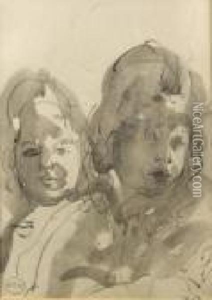 Shoulder Length Portrait Of His Two Children Oil Painting - Ambrose McEvoy
