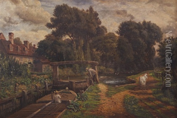 The Lock-figures Working In A River Landscape Oil Painting - John Constable