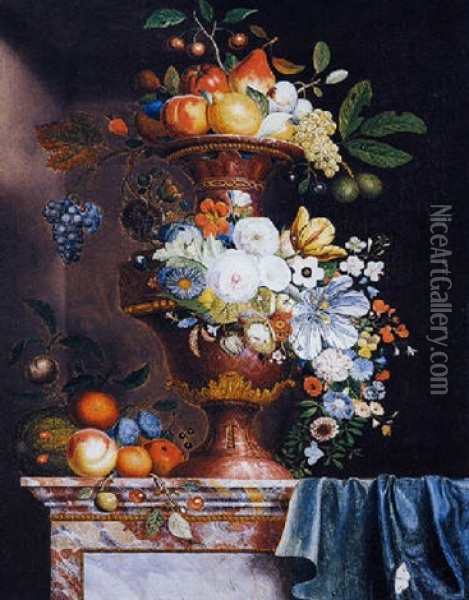 Riche Vase En Pierre Sculptee, Agremente De Fleurs Et De Fruits Pose Sur Un Entablement De Marbre Oil Painting - Martin Van Dorne