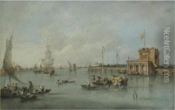 Venice, A View The Forte Di S. Andrea Oil Painting - Francesco Guardi