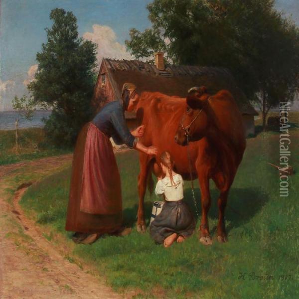 Summer Day At A Farmhouse With A Girl Who Gets The Milk From A Cow Oil Painting - Hans Ole Brasen