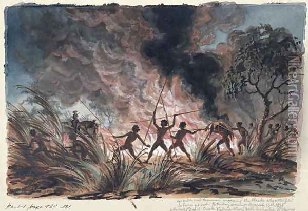 Mr Phibbs and Bowman engaging the blacks who attempted to burn us out... Depot Creek, Victoria Oil Painting - Thomas Baines