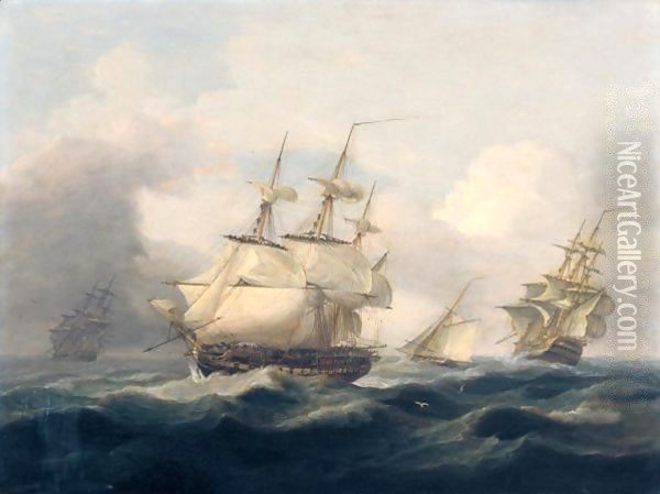 East Indiamen And A Cutter In A Heavy Swell Oil Painting - Thomas Luny