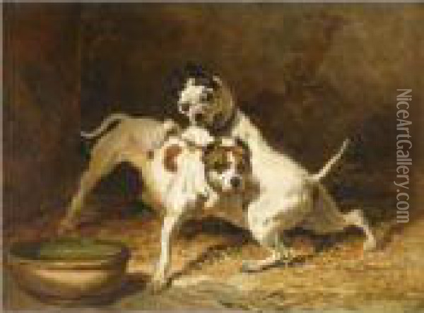 Deux Dogues Jouant Devant Une Ecuelle Oil Painting - Alfred De Dreux