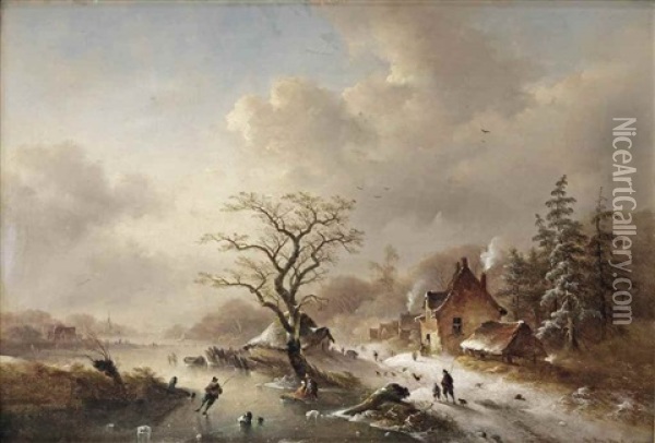 A Winter Landscape With Travellers On A Path Oil Painting - Charles van den Eycken I
